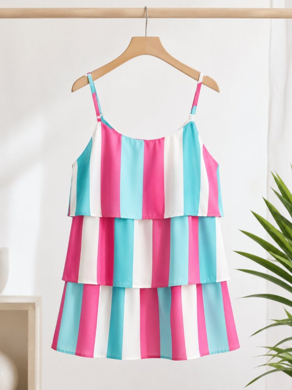 NWT XL Pink Blue Striped Tiered Cami Tank Top